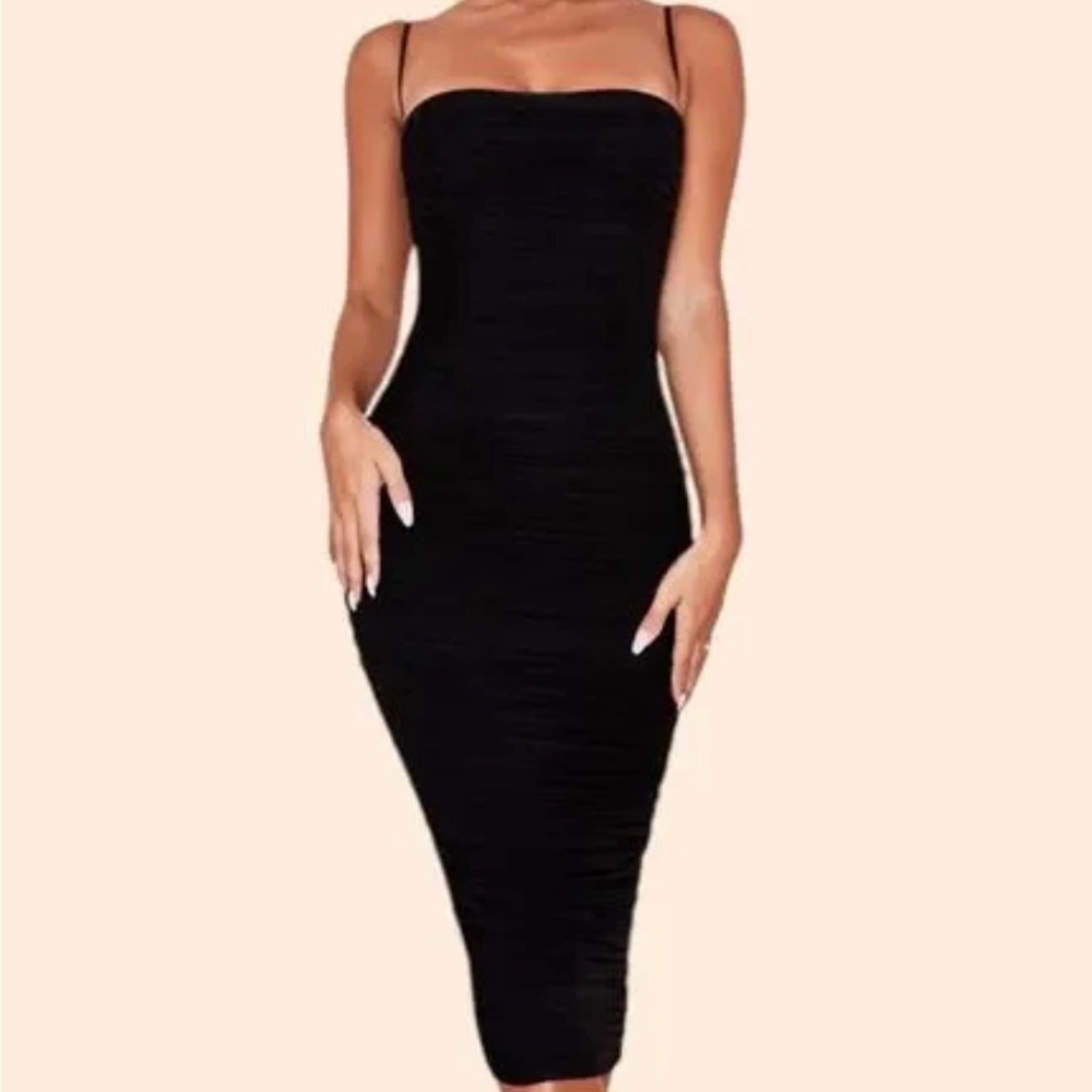 HOUSE OF CB “Sirene” Runched Black Mesh Bodycon Midi Dress Sz XS - Picture 1 of 5